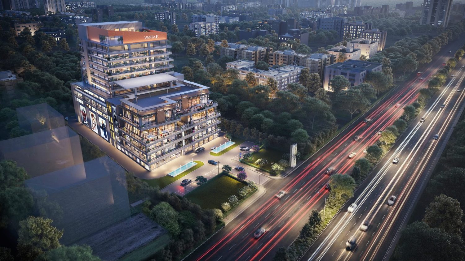 Aerial view at dusk at Aura Vantaje, Sector 48 Gurugram — artist’s impression