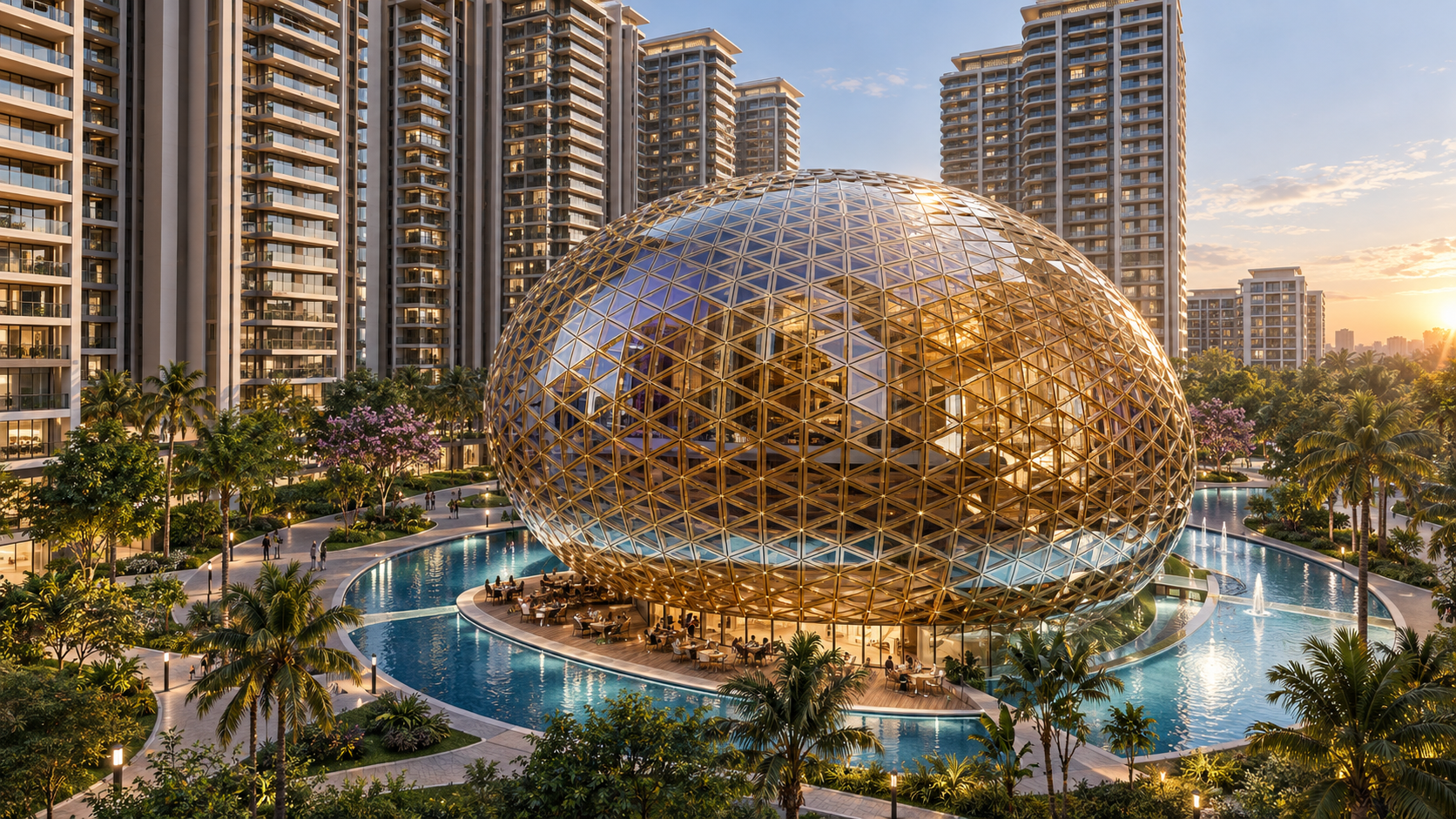 Illustrative view of a golden dome, landscaped pools and residential towers