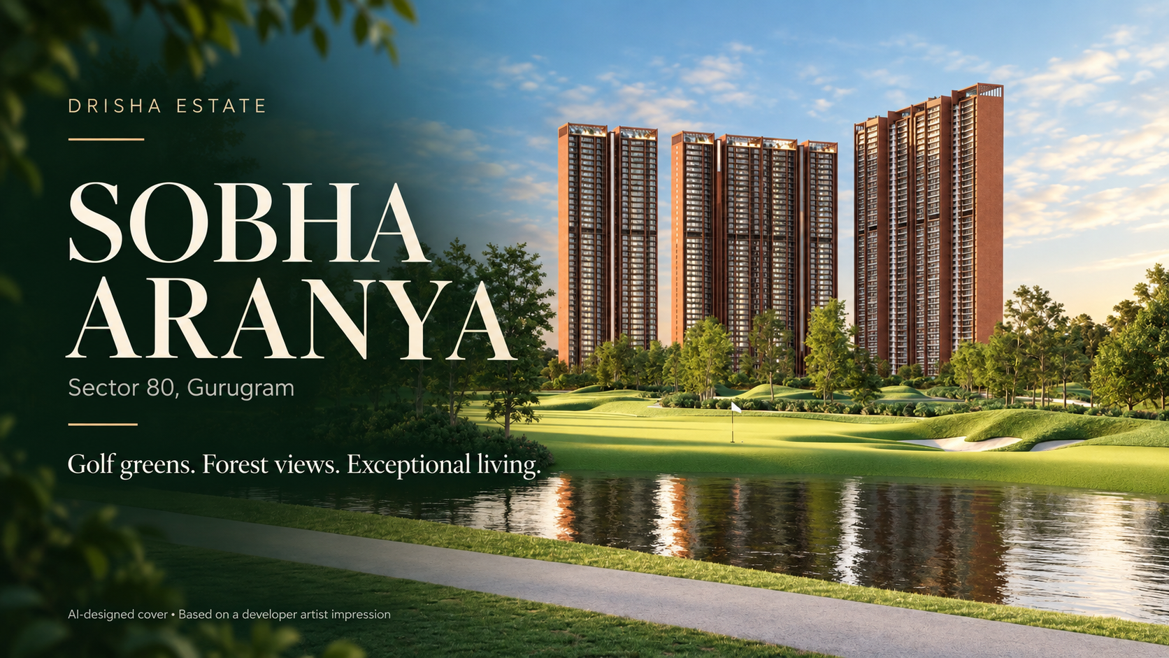 Drisha Estate Sobha Aranya cover, Sector 80 Gurugram, showing towers and golf greens — AI-designed from a developer artist impression