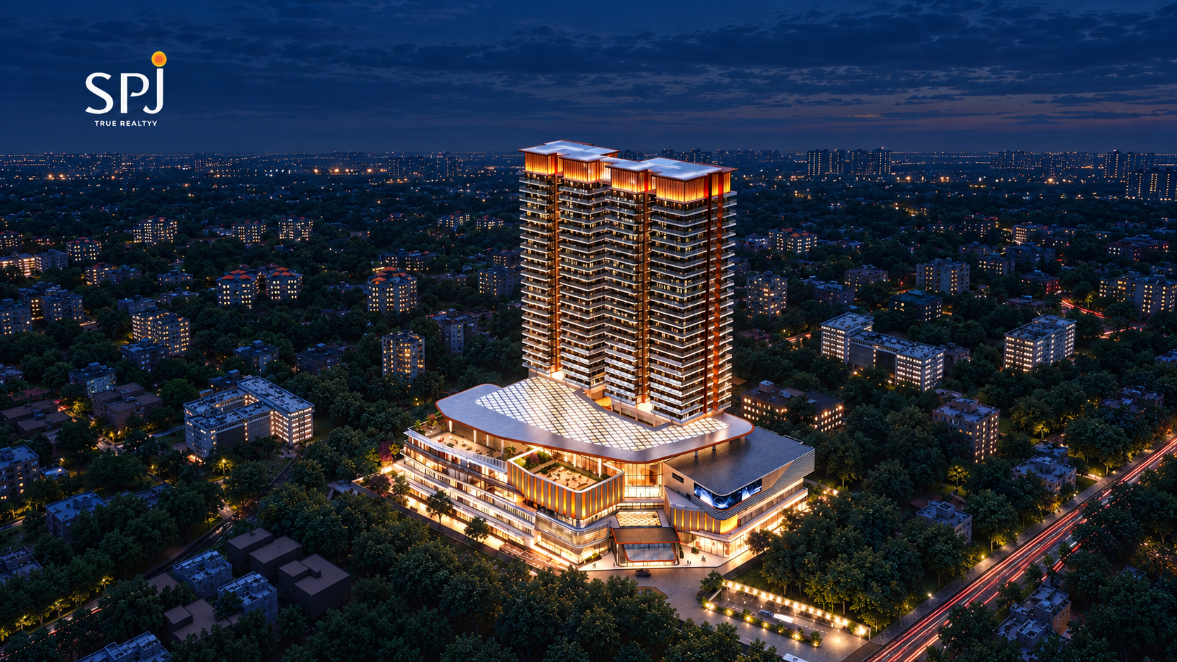 Artist impression of SPJ Vedatam’s illuminated commercial podium and towers at dusk