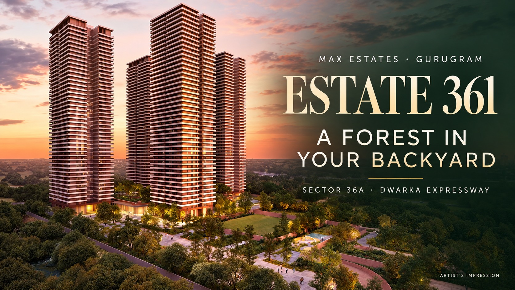 Estate 361 editorial hero: residential towers at sunset and a forest in your backyard — artist’s impression